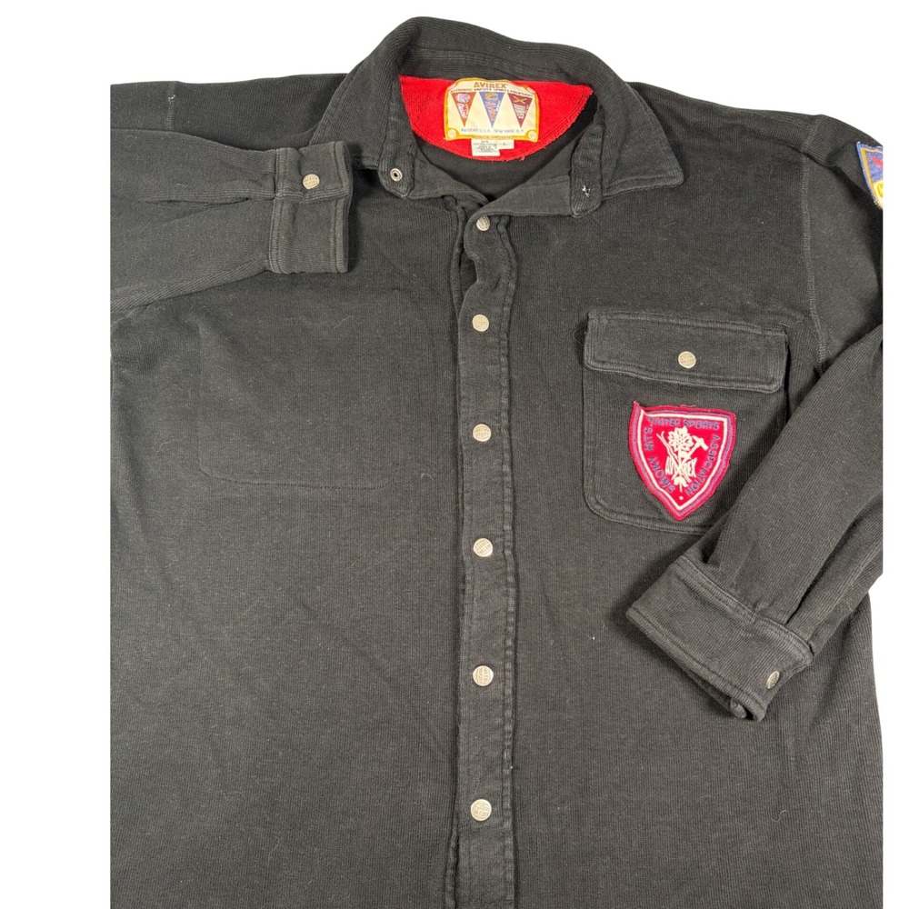 Avirex Varsity Sports Black Patch Button Up Shirt Mens Large Rare Military